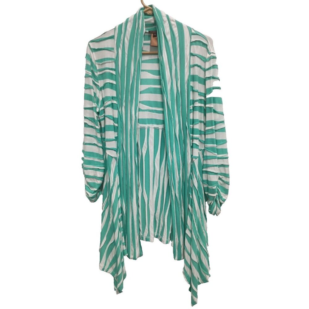 Multiples Womens Wearable Art Cardigan Medium Green White Striped‎ Textured